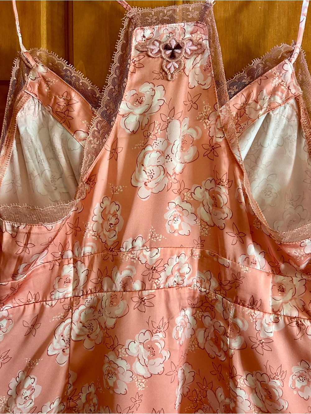 Floral Lace-Trim Satin Chemise in Blush Pink - Picture 6 of 7